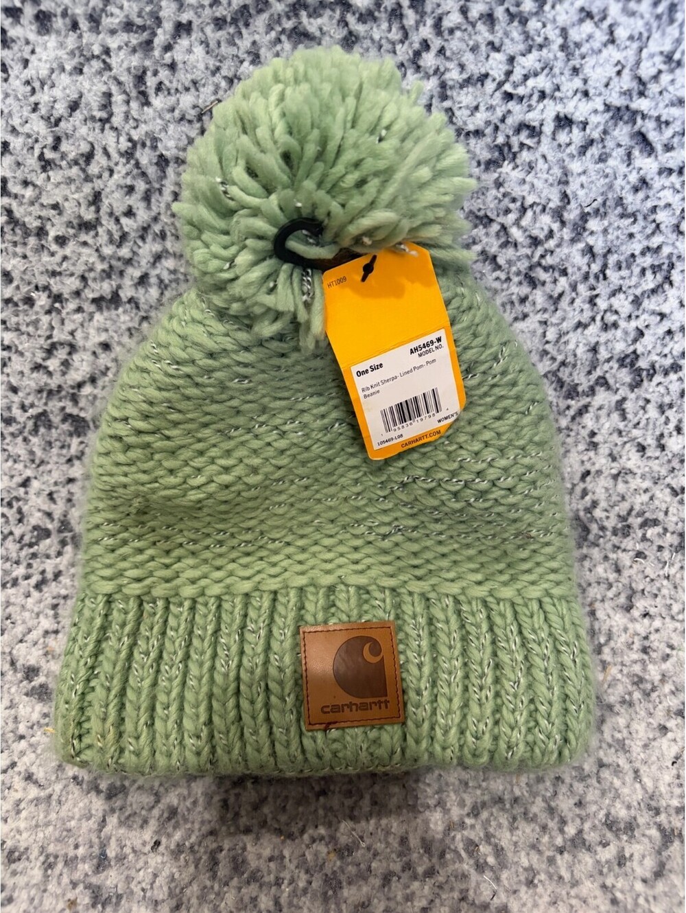 Carhartt Womens Sherpa Lined Pom Pom Beanie Green Rib Knit One Size NWT AH5469